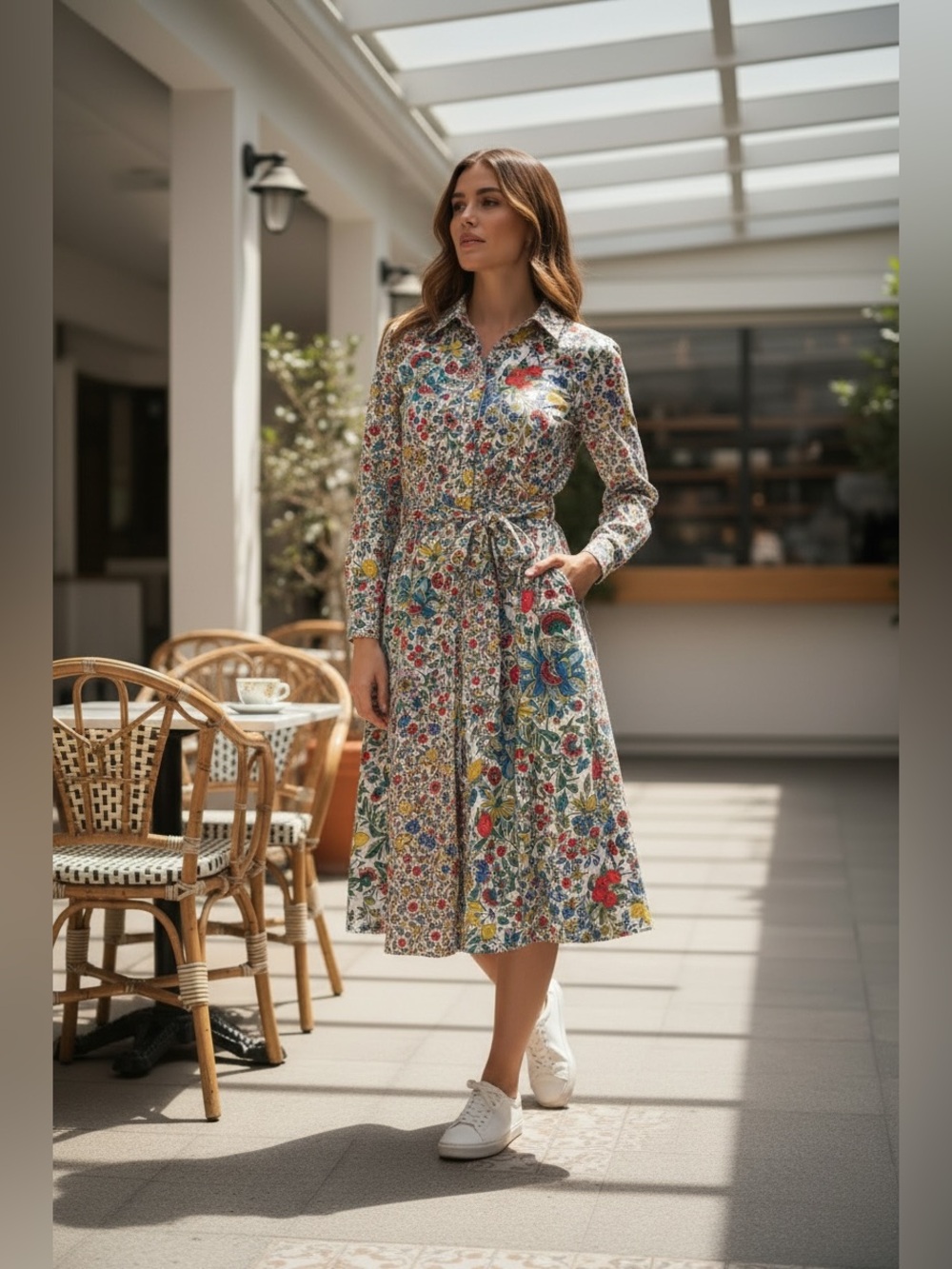 Boden Multicolor Floral Button-Front Dress (White, Red, Yellow, Blue, Green)